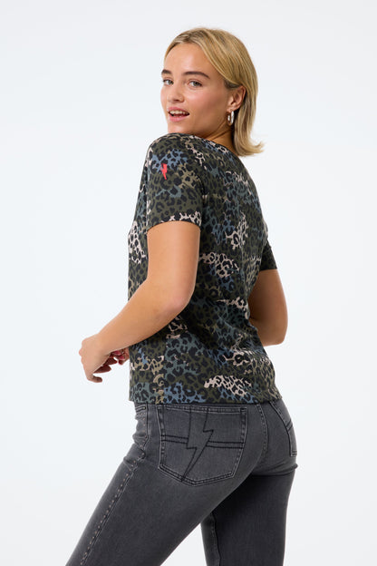 Khaki with Green Camo Layered Leopard V-Neck T-Shirt