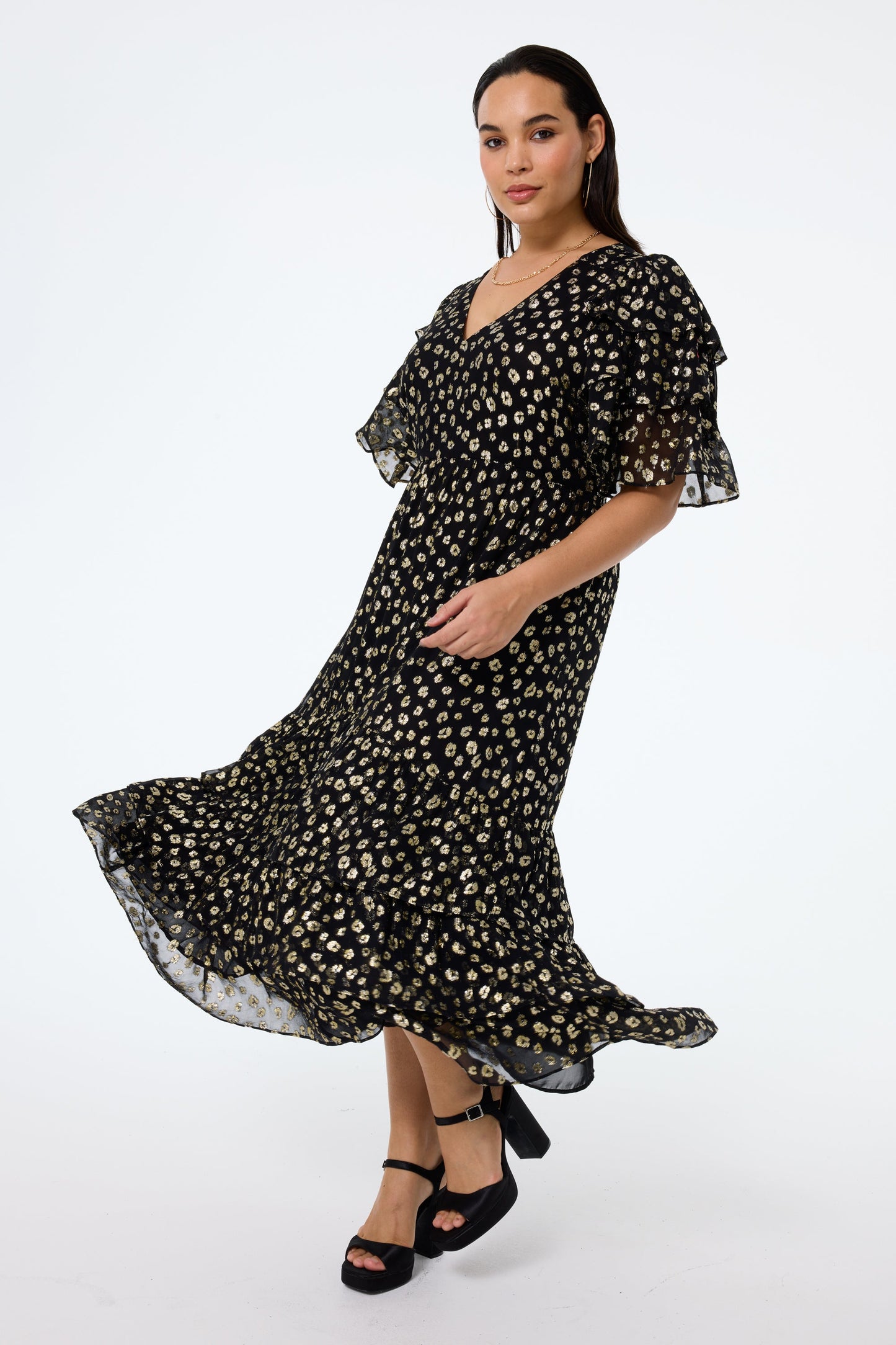 Black with Gold Spot Leopard Jacquard Ruffle Sleeve Tiered Midi Dress