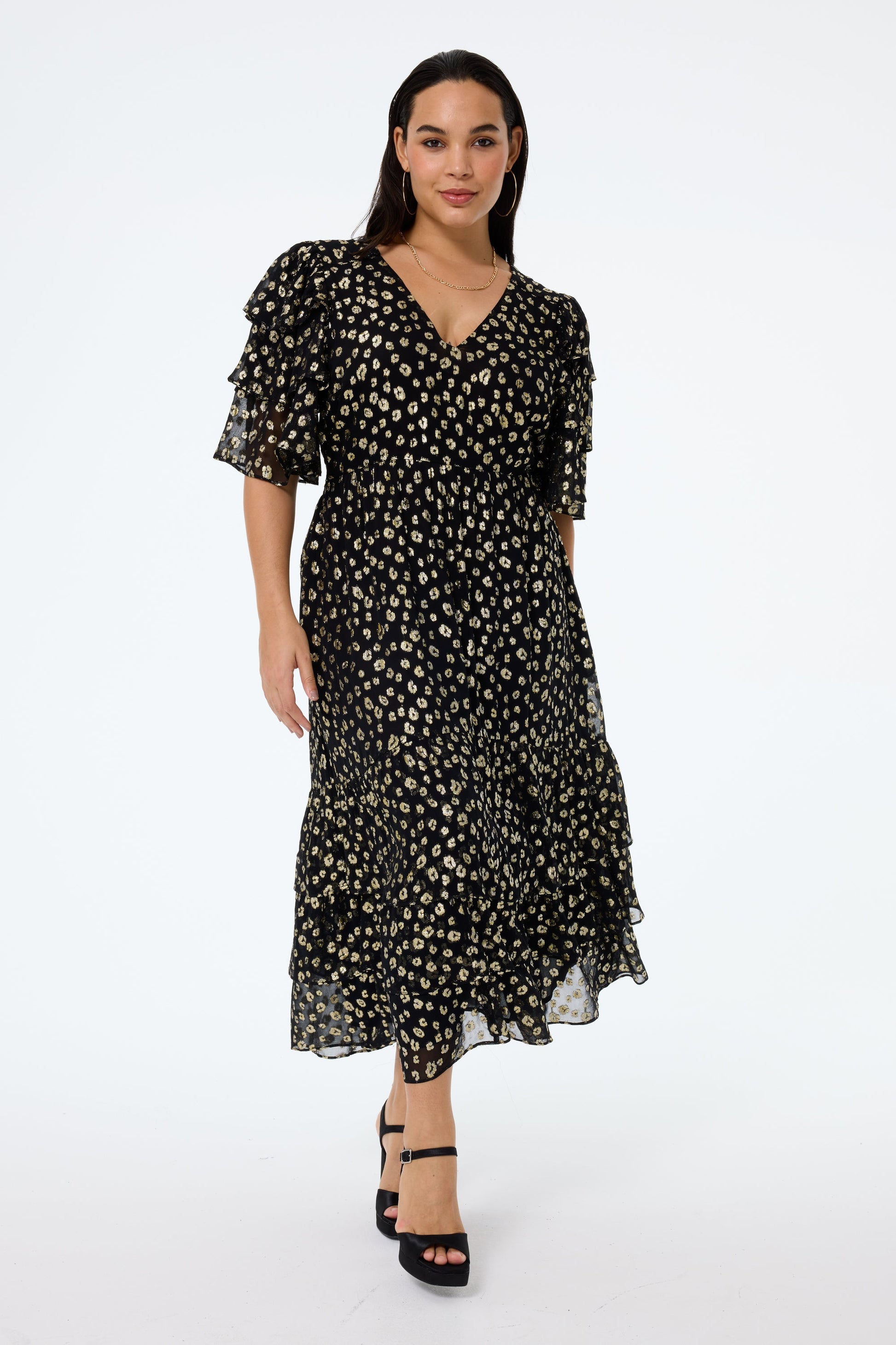 Black with Gold Spot Leopard Jacquard Ruffle Sleeve Tiered Midi Dress