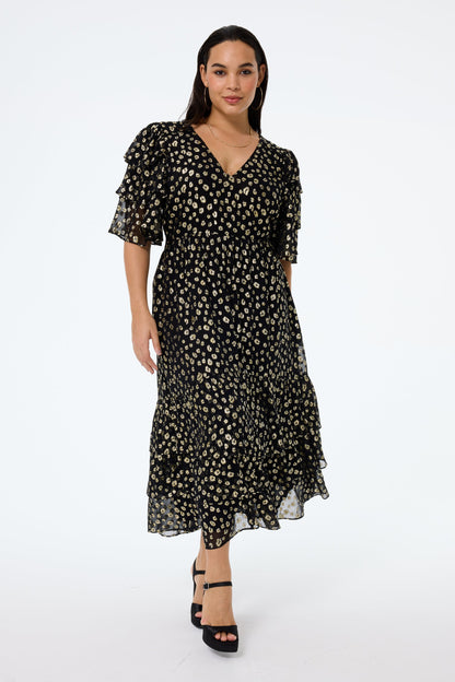 Black with Gold Spot Leopard Jacquard Ruffle Sleeve Tiered Midi Dress