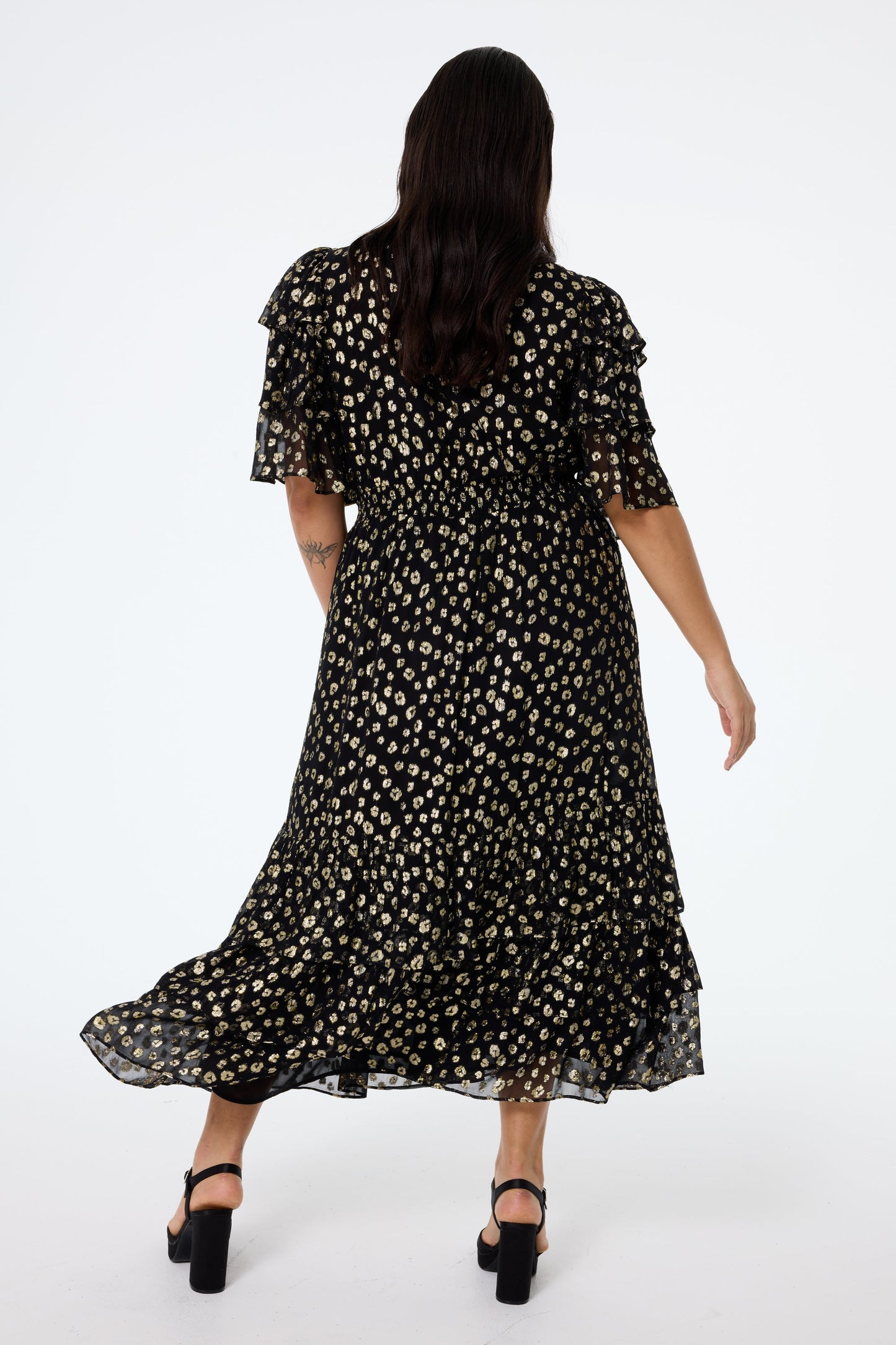 Black with Gold Spot Leopard Jacquard Ruffle Sleeve Tiered Midi Dress