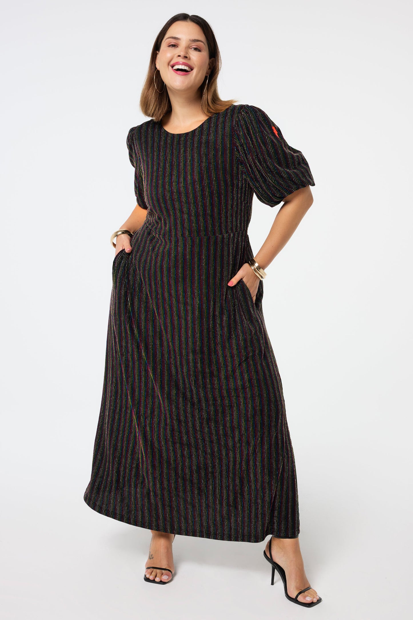 Black with Rainbow Metallic Stripe Puff Sleeve Midi Dress