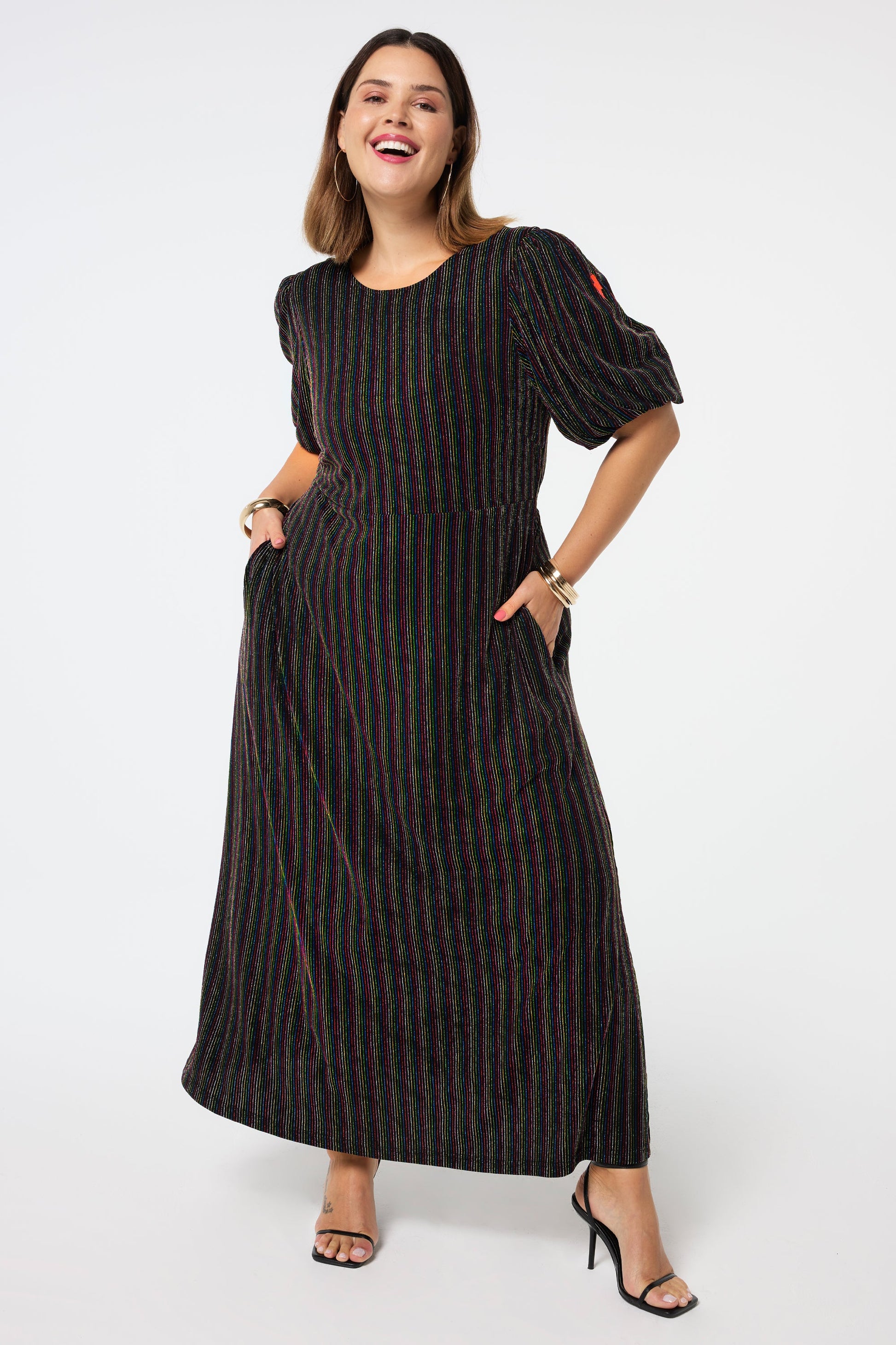 Black with Rainbow Metallic Stripe Puff Sleeve Midi Dress
