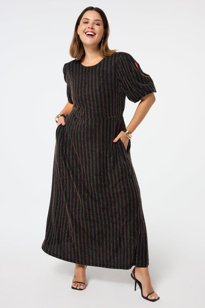 Black with Rainbow Metallic Stripe Puff Sleeve Midi Dress