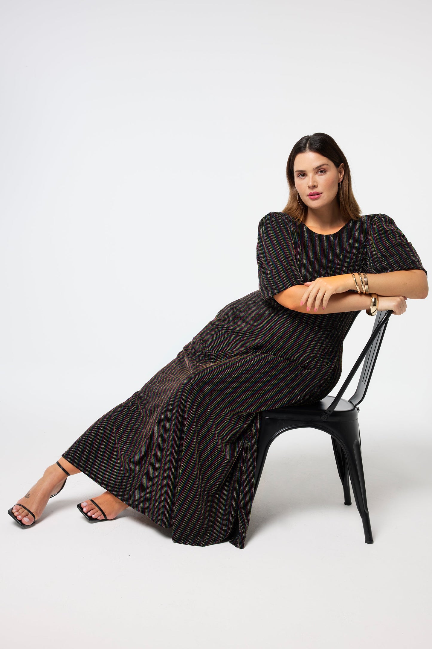 Black with Rainbow Metallic Stripe Puff Sleeve Midi Dress