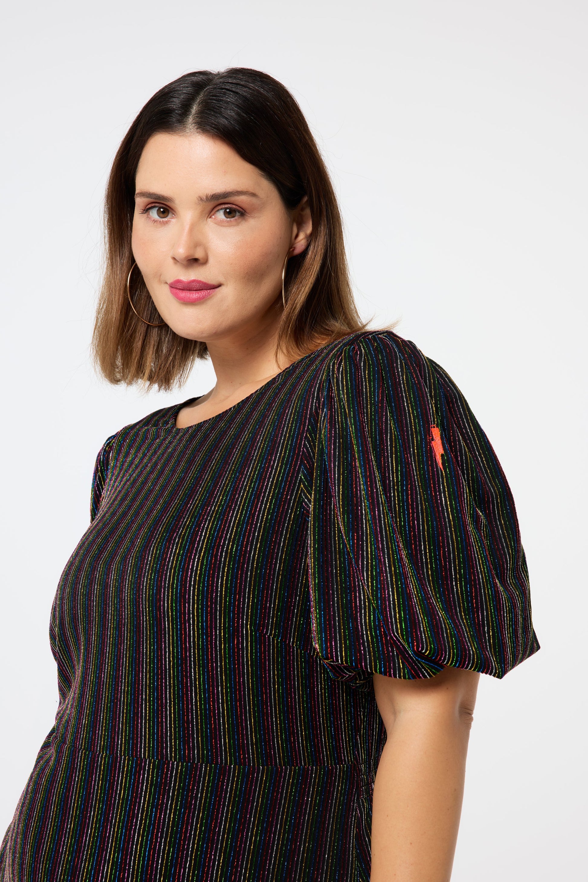 Black with Rainbow Metallic Stripe Puff Sleeve Midi Dress