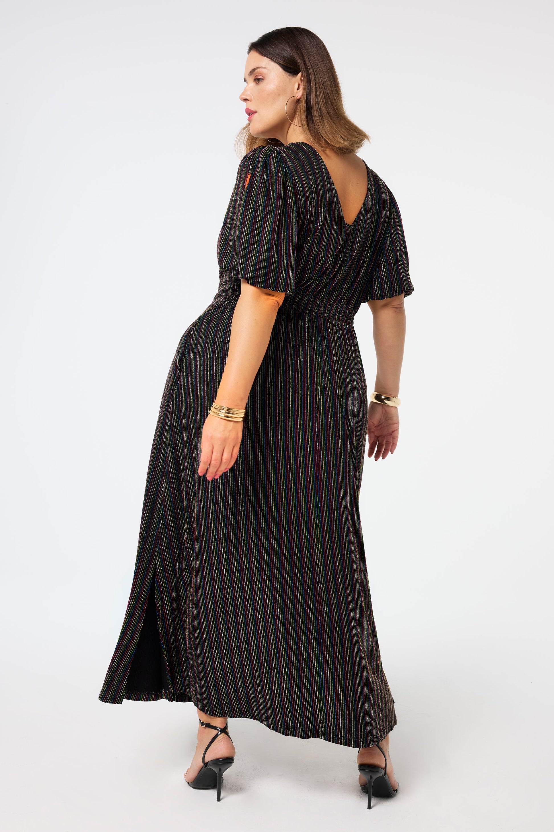 Black with Rainbow Metallic Stripe Puff Sleeve Midi Dress