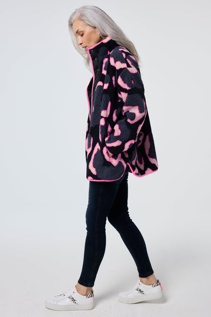 Navy & Pink Shadow Leopard Print Fleece Jacket