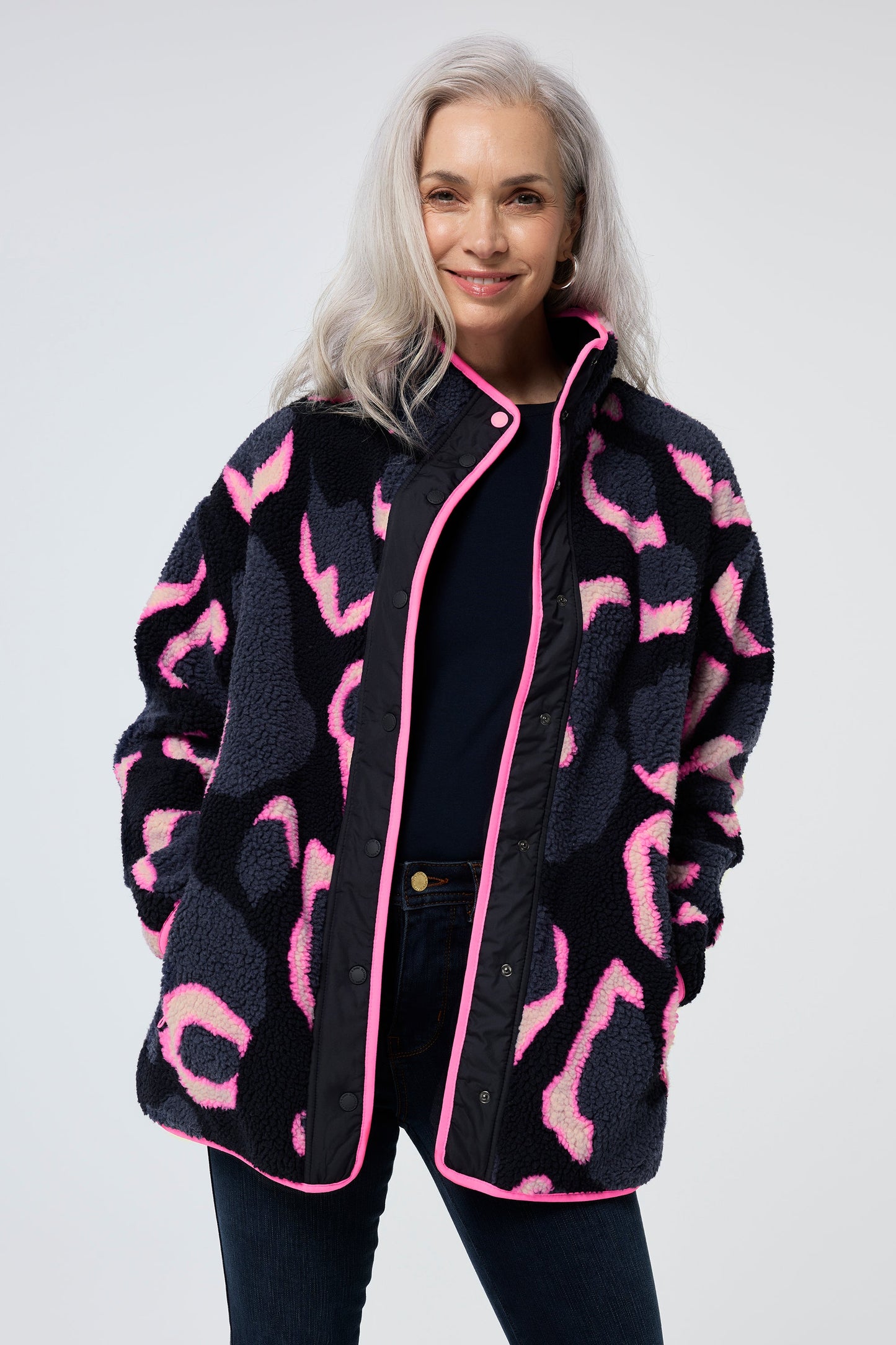 Navy & Pink Shadow Leopard Print Fleece Jacket