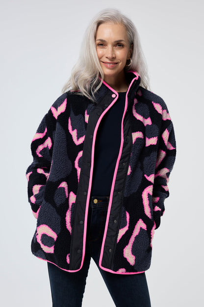 Navy & Pink Shadow Leopard Print Fleece Jacket