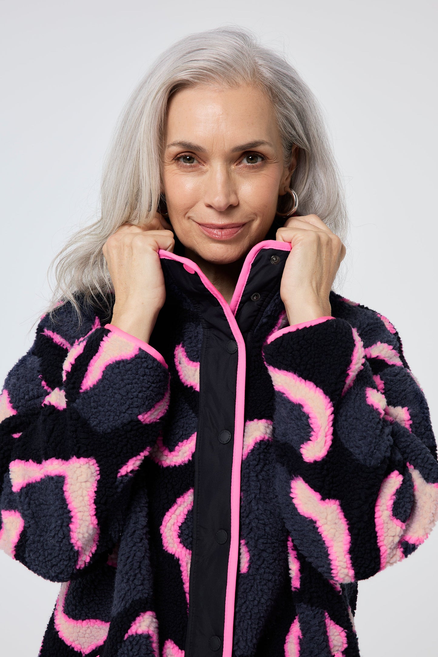 Navy & Pink Shadow Leopard Print Fleece Jacket