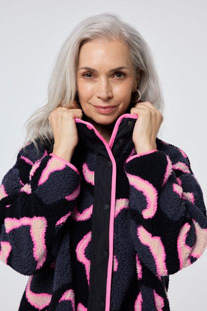 Navy & Pink Shadow Leopard Print Fleece Jacket