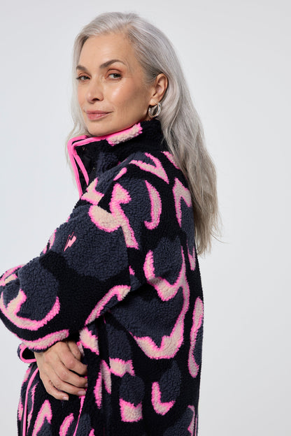 Navy & Pink Shadow Leopard Print Fleece Jacket