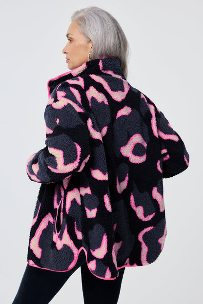 Navy & Pink Shadow Leopard Print Fleece Jacket