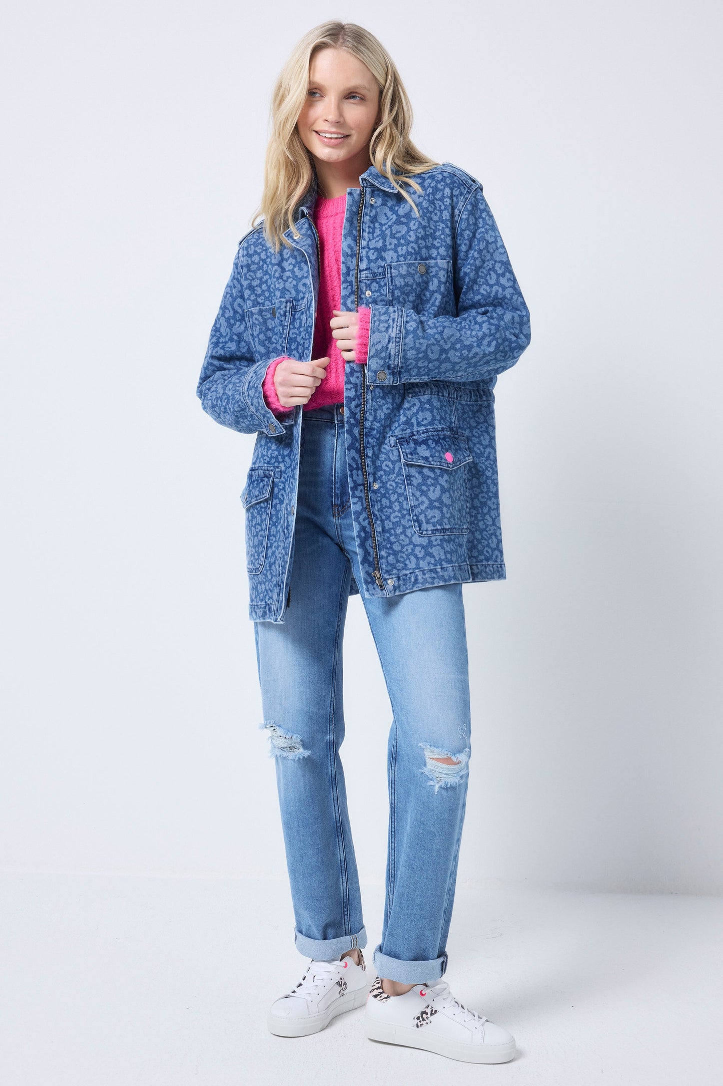 Leopard Print Denim Utility Jacket