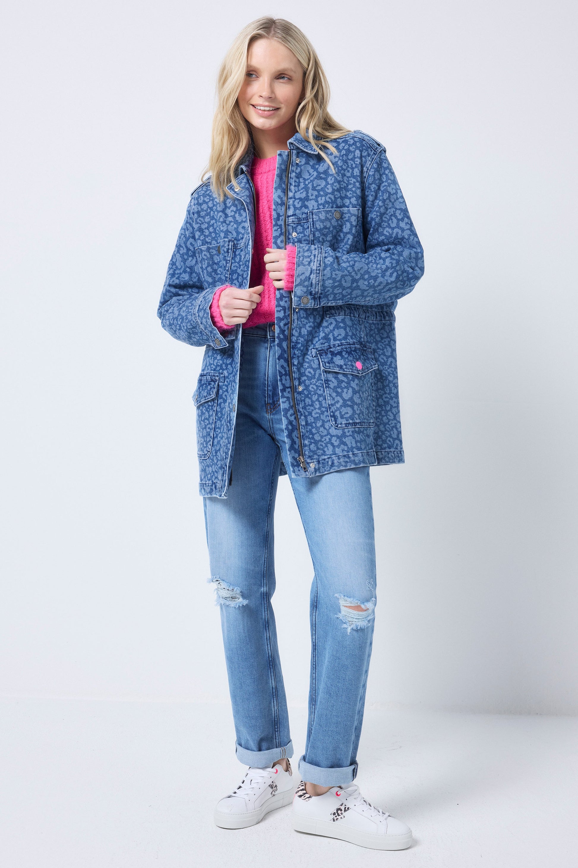 Leopard Print Denim Utility Jacket