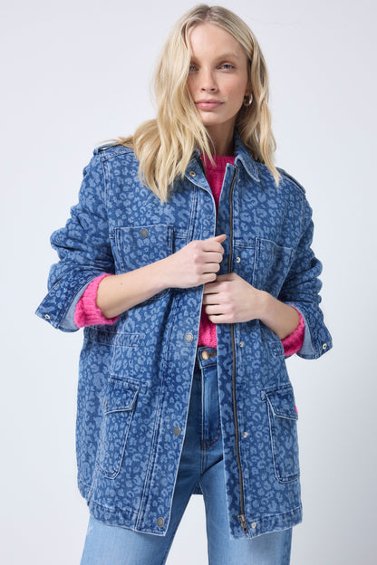 Leopard Print Denim Utility Jacket