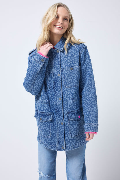 Leopard Print Denim Utility Jacket