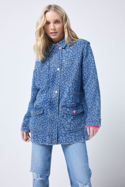 Leopard Print Denim Utility Jacket