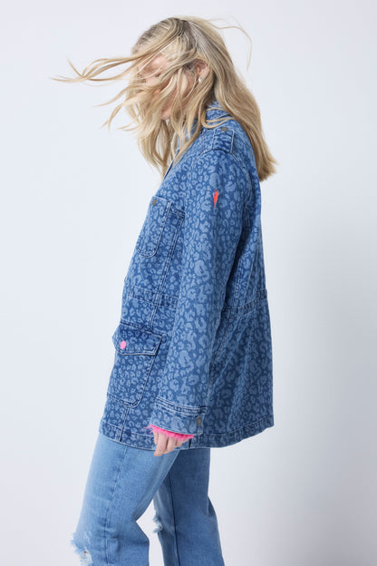 Leopard Print Denim Utility Jacket