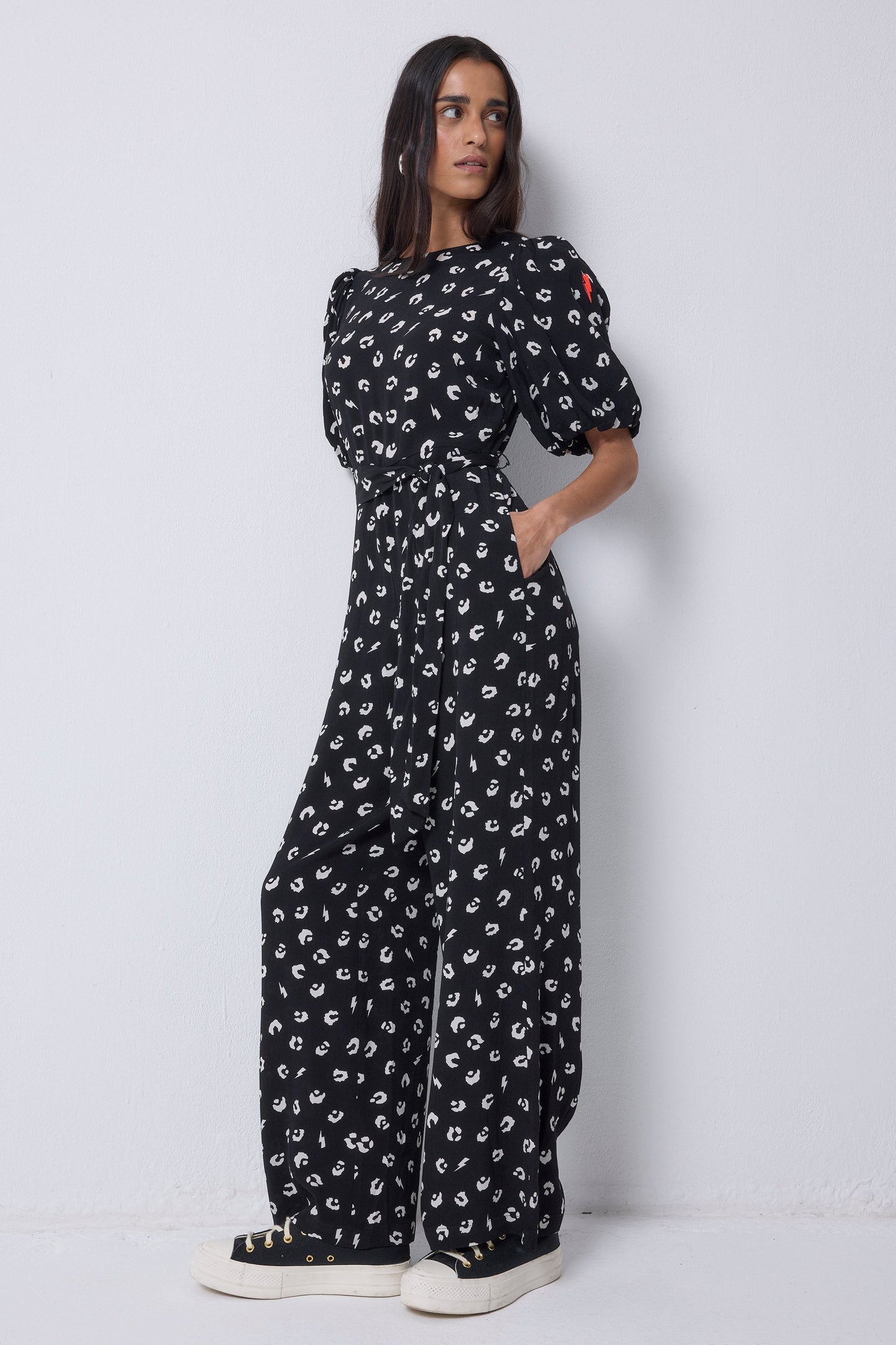Black with White Love Leopard Puff Sleeve Wide Leg Jumpsuit