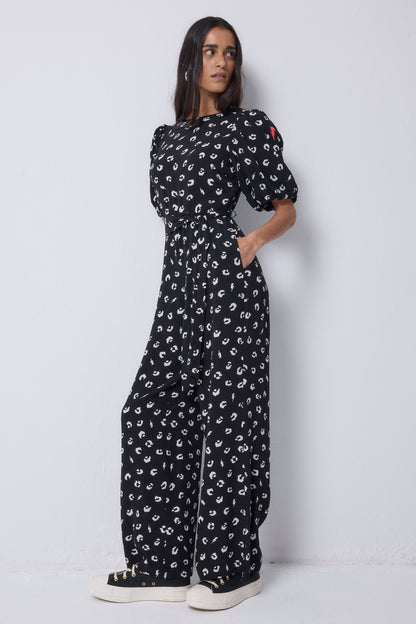 Black with White Love Leopard Puff Sleeve Wide Leg Jumpsuit