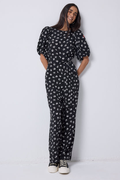 Black with White Love Leopard Puff Sleeve Wide Leg Jumpsuit