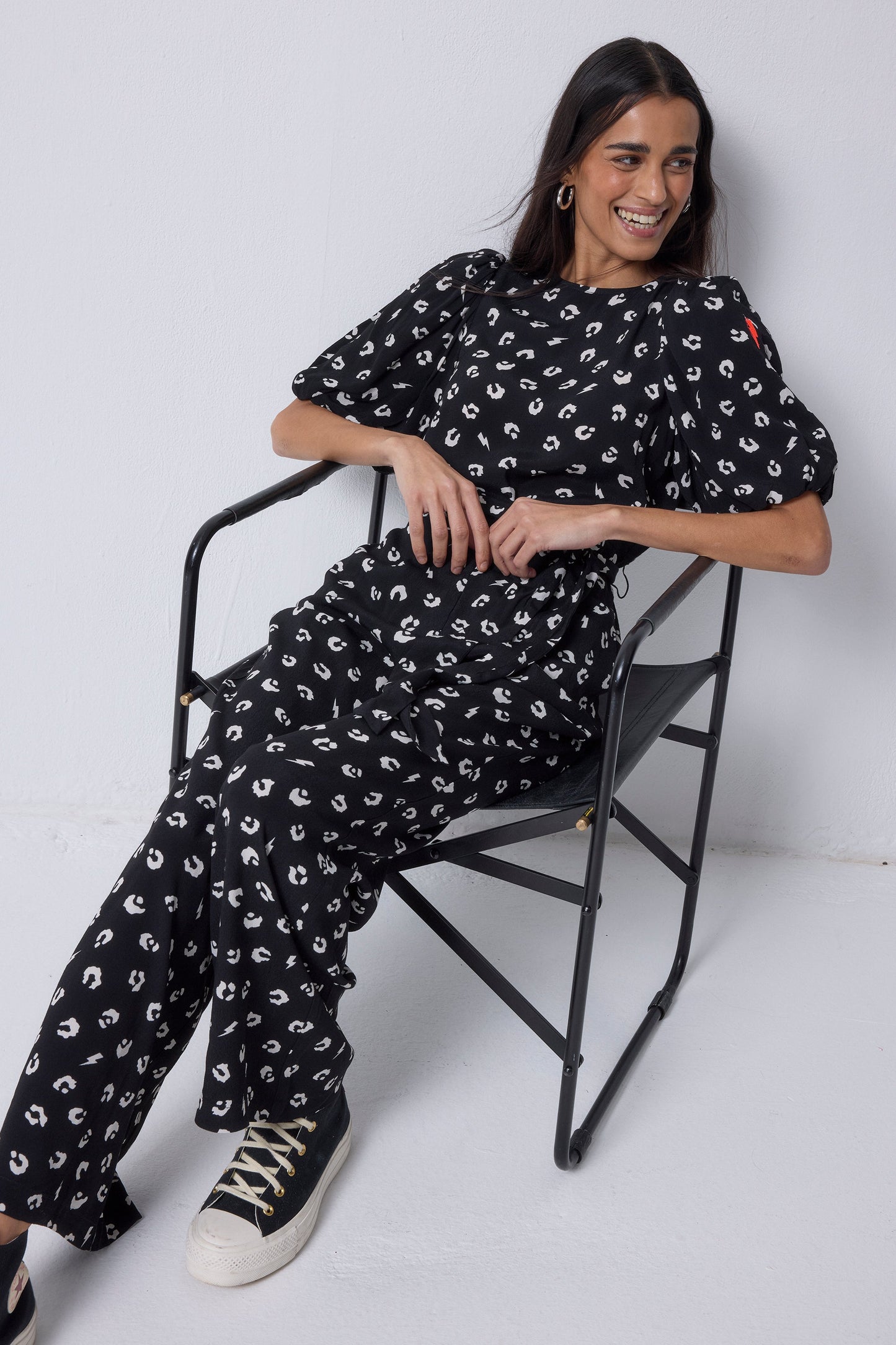 Black with White Love Leopard Puff Sleeve Wide Leg Jumpsuit