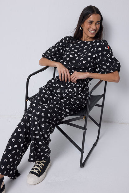 Black with White Love Leopard Puff Sleeve Wide Leg Jumpsuit