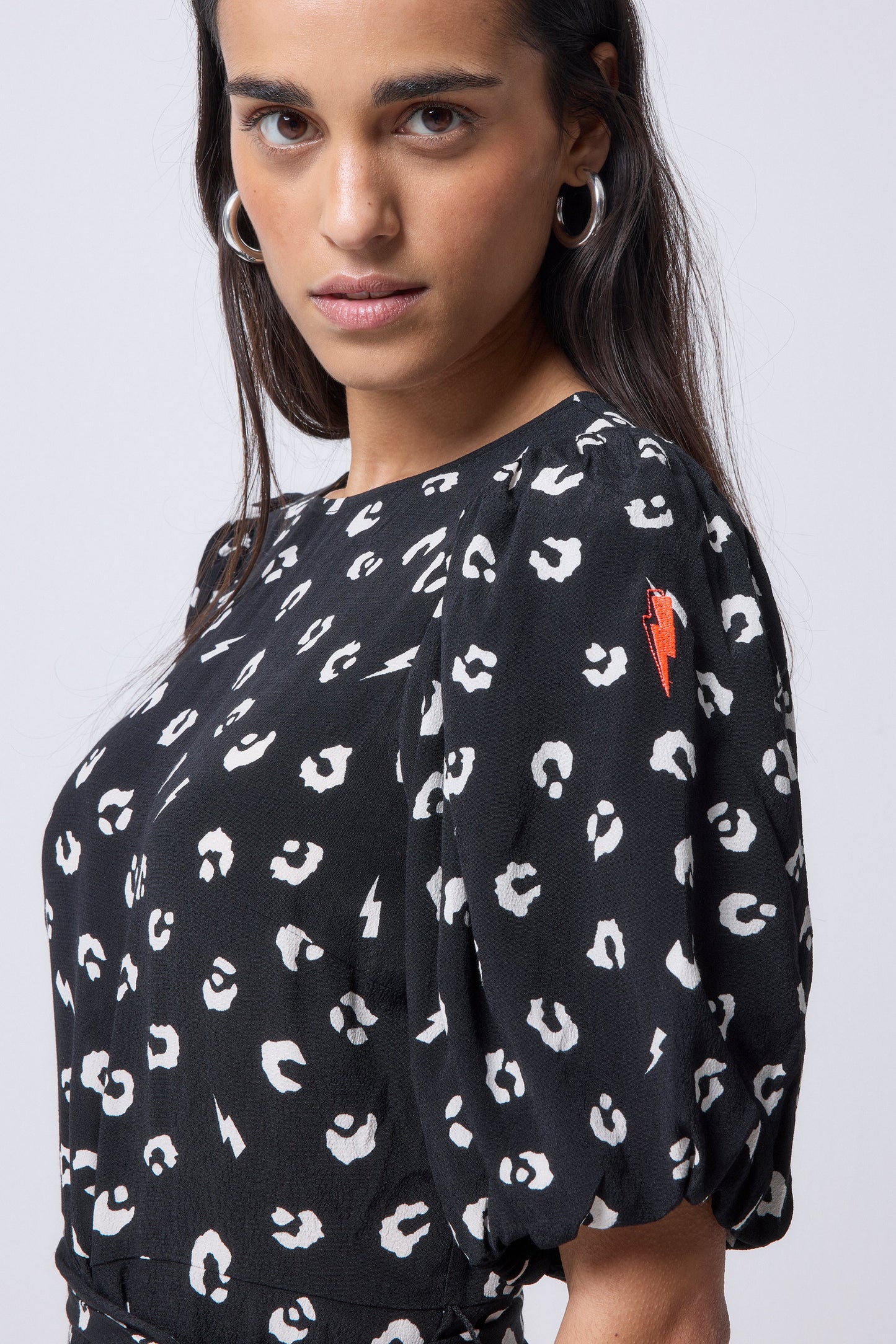 Black with White Love Leopard Puff Sleeve Wide Leg Jumpsuit