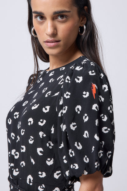 Black with White Love Leopard Puff Sleeve Wide Leg Jumpsuit