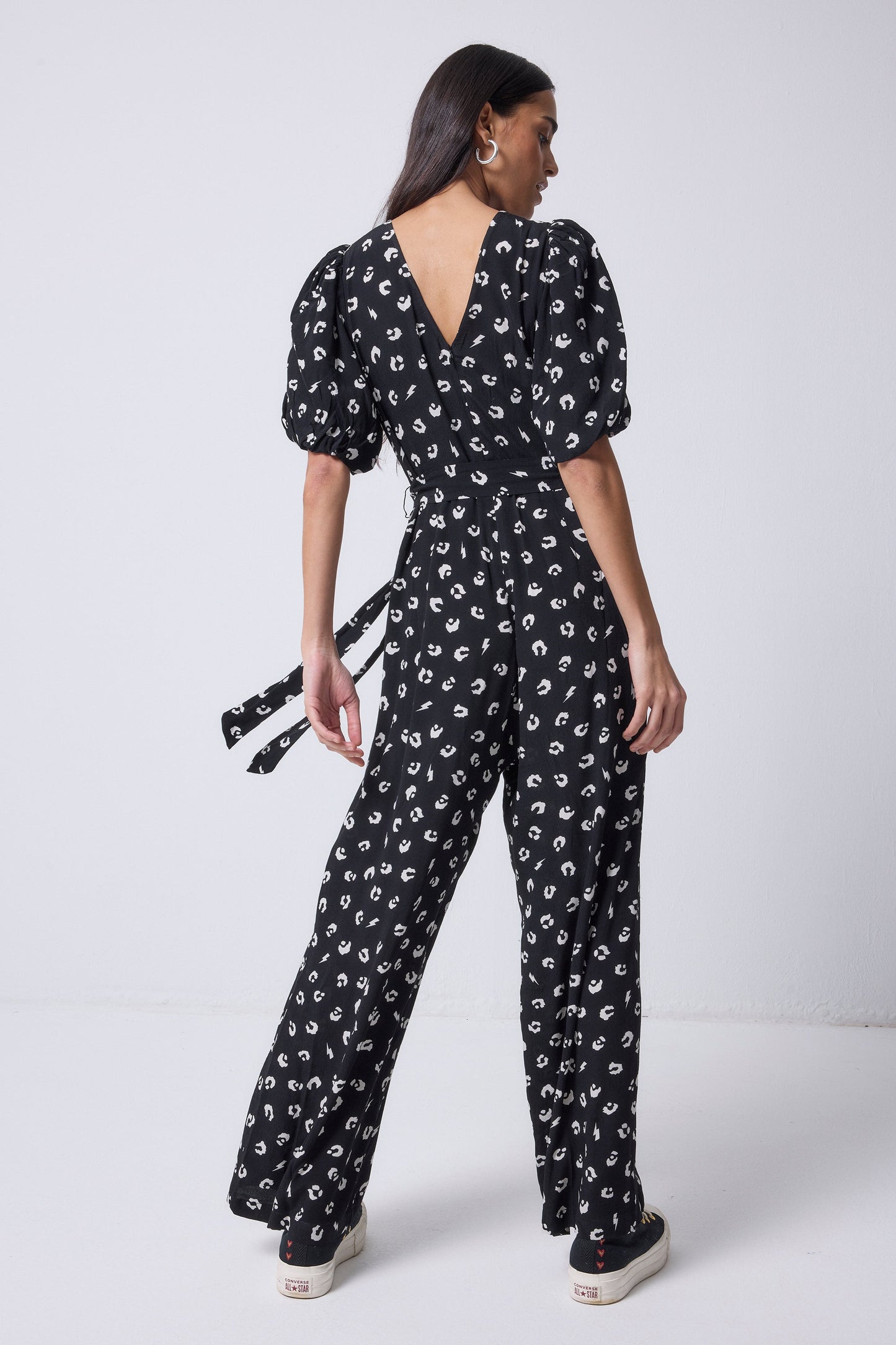 Black with White Love Leopard Puff Sleeve Wide Leg Jumpsuit