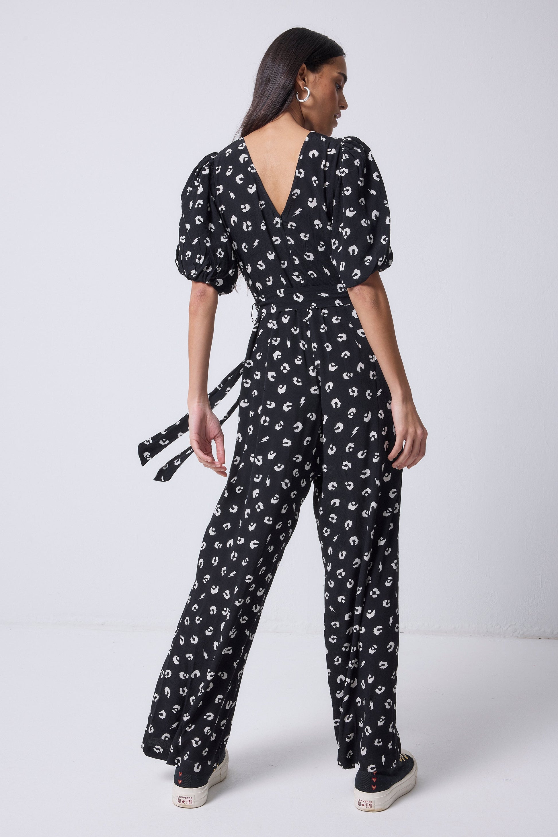 Black with White Love Leopard Puff Sleeve Wide Leg Jumpsuit