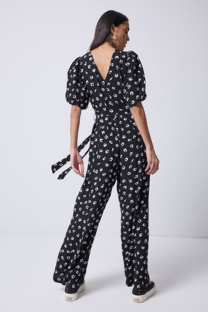 Black with White Love Leopard Puff Sleeve Wide Leg Jumpsuit