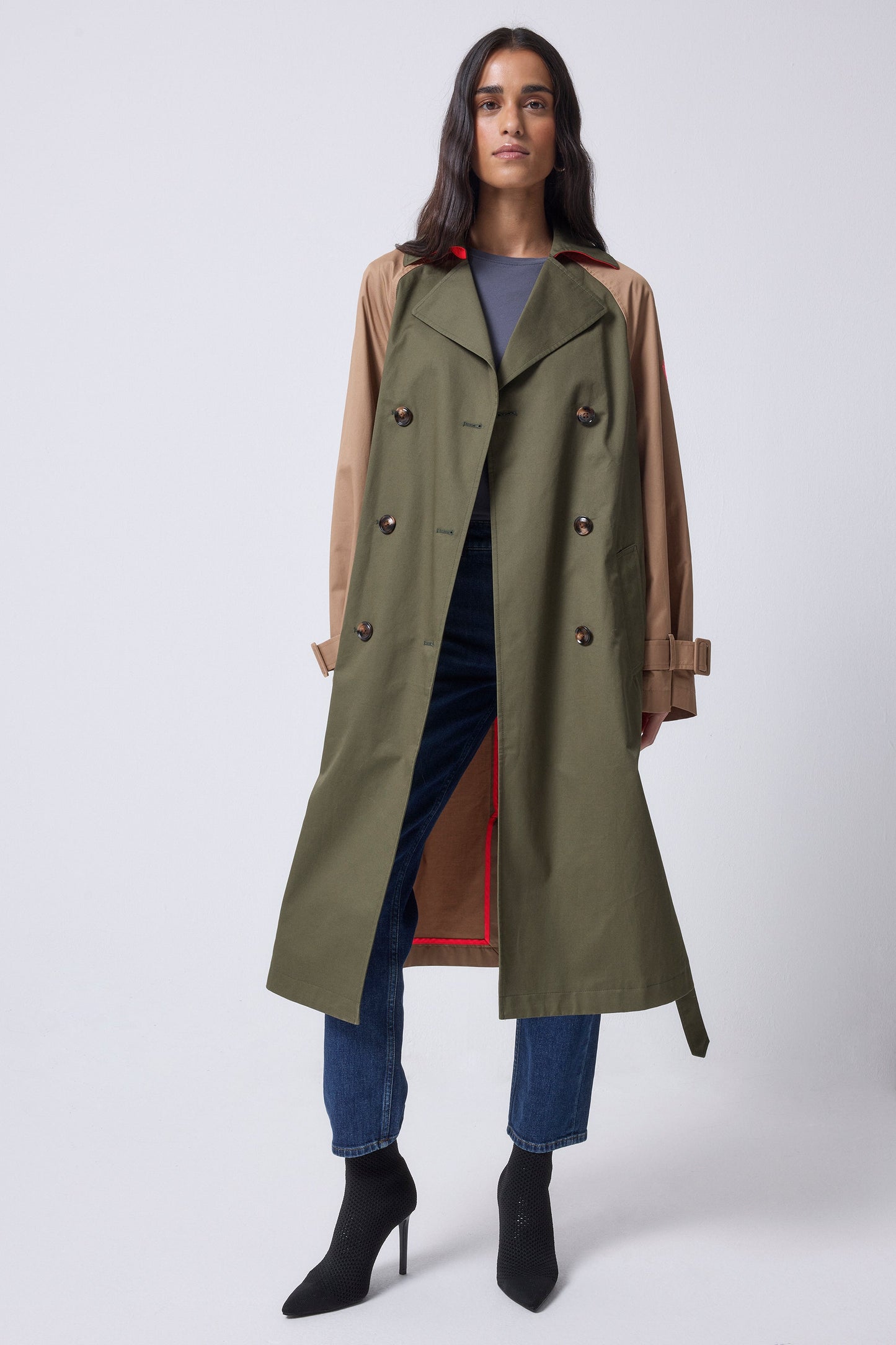 Khaki with Camel and Coral Colourblock Trench Coat