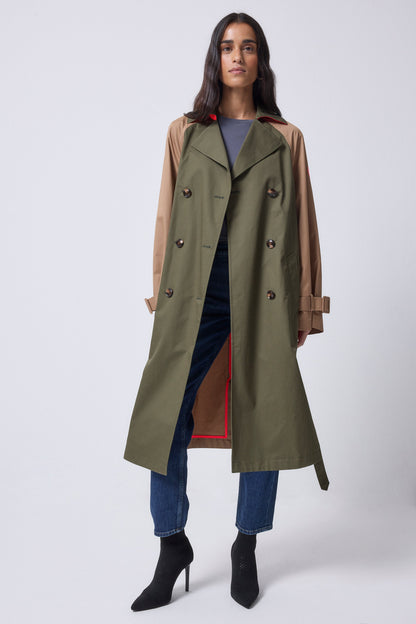 Khaki with Camel and Coral Colourblock Trench Coat