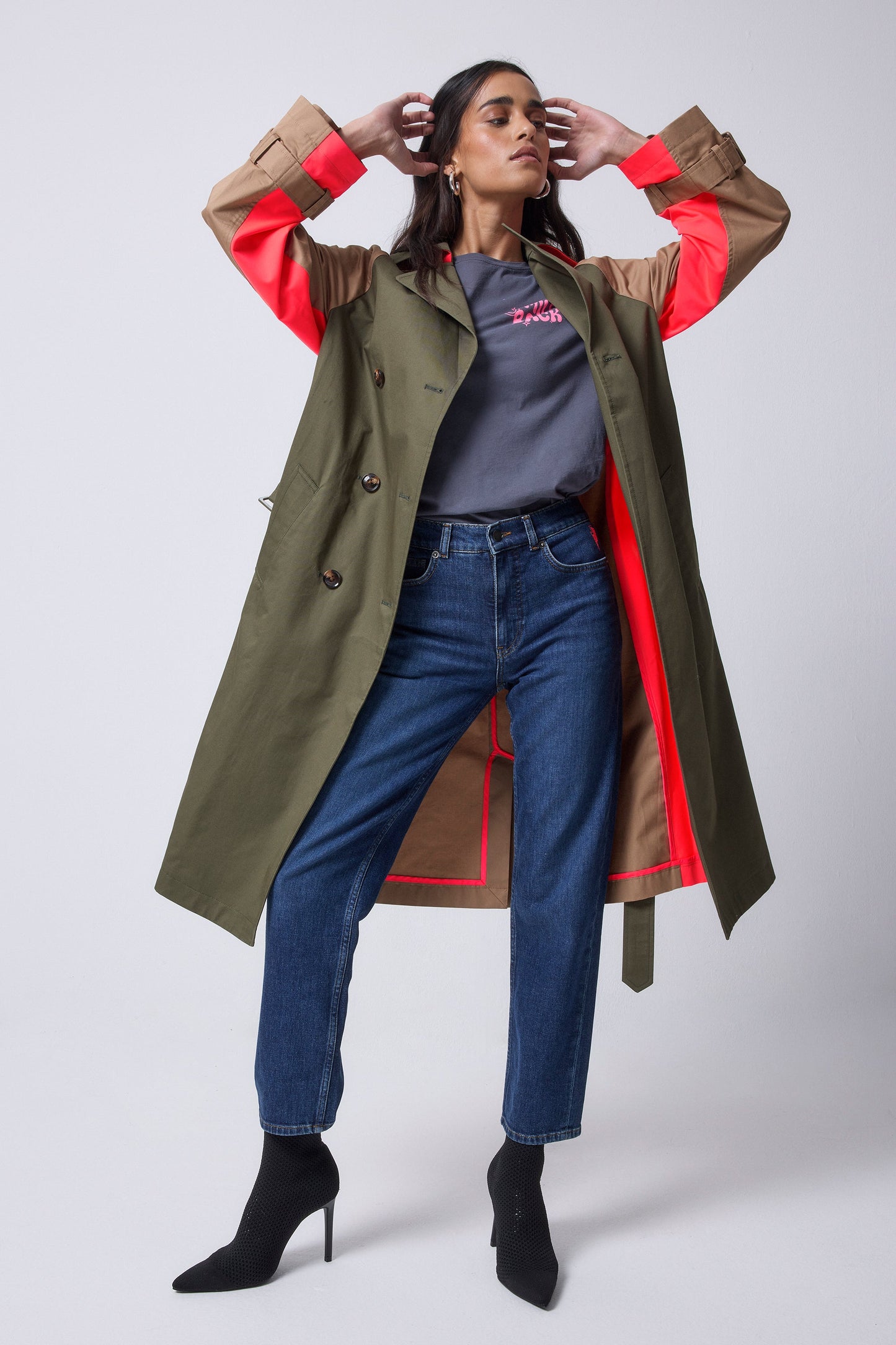 Khaki with Camel and Coral Colourblock Trench Coat
