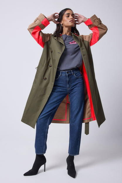 Khaki with Camel and Coral Colourblock Trench Coat