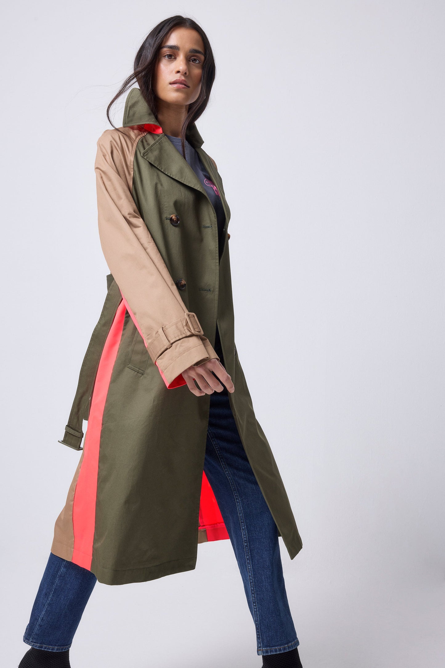 Khaki with Camel and Coral Colourblock Trench Coat