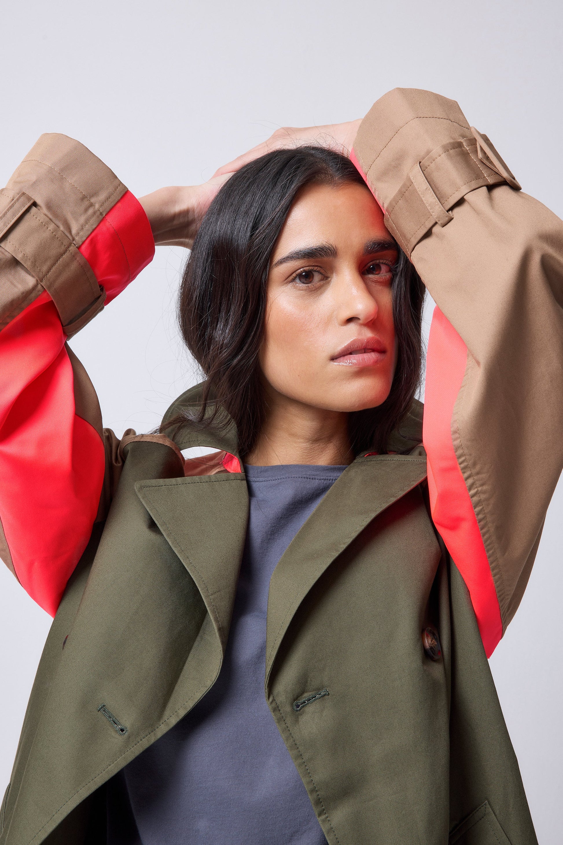 Khaki with Camel and Coral Colourblock Trench Coat