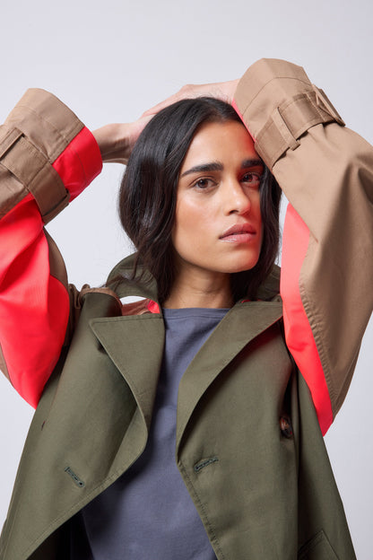 Khaki with Camel and Coral Colourblock Trench Coat