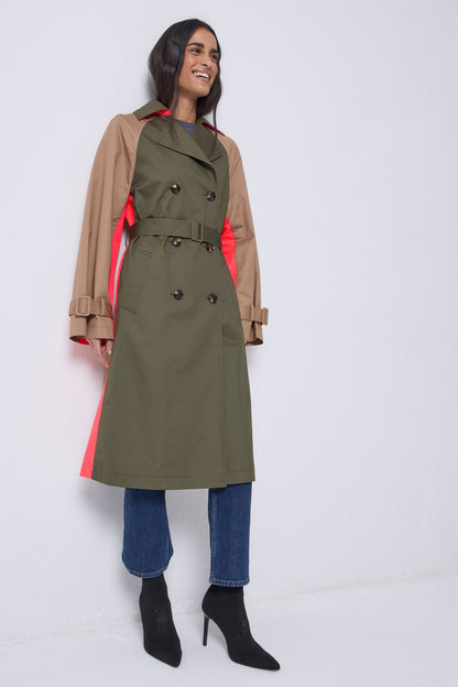 Khaki with Camel and Coral Colourblock Trench Coat