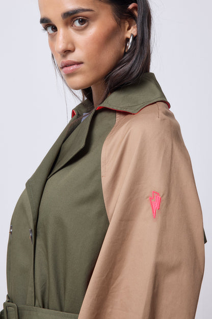 Khaki with Camel and Coral Colourblock Trench Coat
