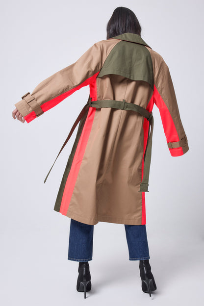 Khaki with Camel and Coral Colourblock Trench Coat