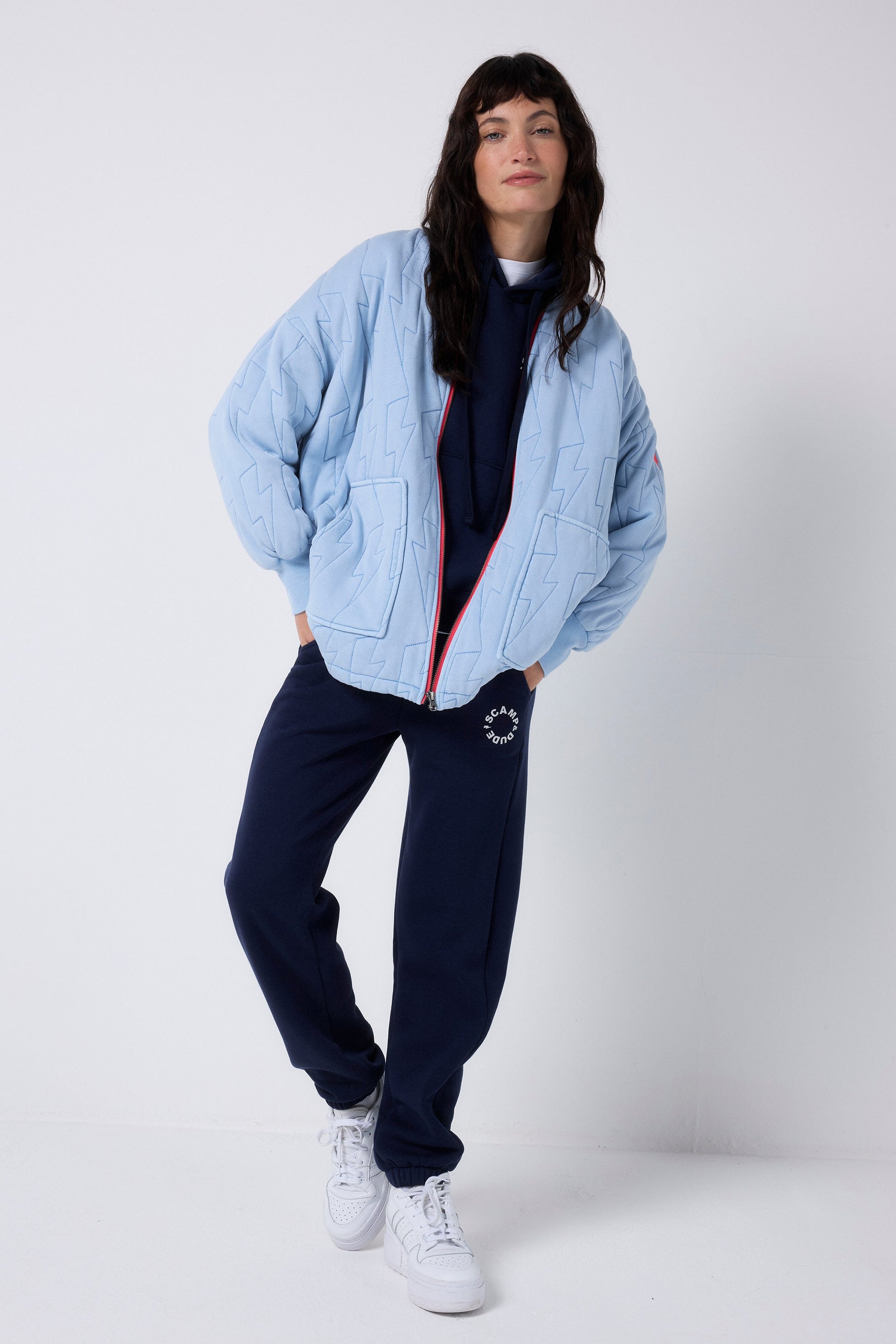 Blue Lightning Bolt Oversized Quilted Bomber Jacket
