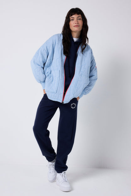Blue Lightning Bolt Oversized Quilted Bomber Jacket