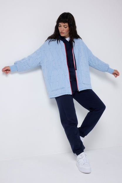 Blue Lightning Bolt Oversized Quilted Bomber Jacket