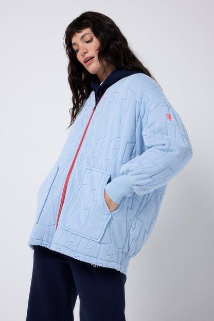 Blue Lightning Bolt Oversized Quilted Bomber Jacket