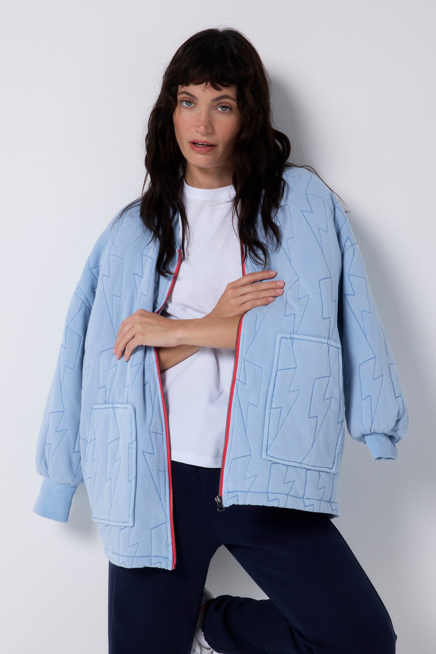 Blue Lightning Bolt Oversized Quilted Bomber Jacket
