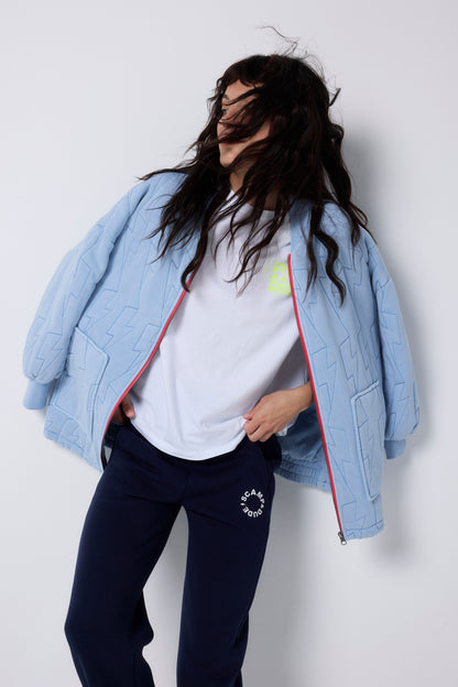 Blue Lightning Bolt Oversized Quilted Bomber Jacket